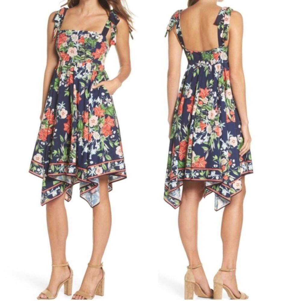 Eliza J Navy Floral Handkerchief Knee Length Dress 8